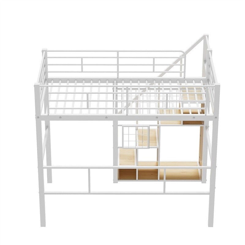Cama alta de metal con escalera de almacenamiento y pequeño armario, estructura de cama alta individual con rejilla de metal y barandillas para niños