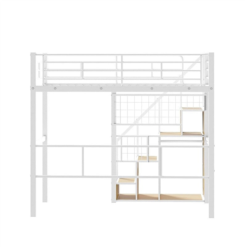 Cama alta de metal con escalera de almacenamiento y pequeño armario, estructura de cama alta individual con rejilla de metal y barandillas para niños