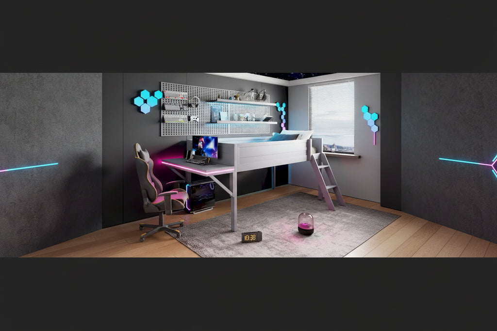 Twin Wood Gaming Loft Bed with LED Desk