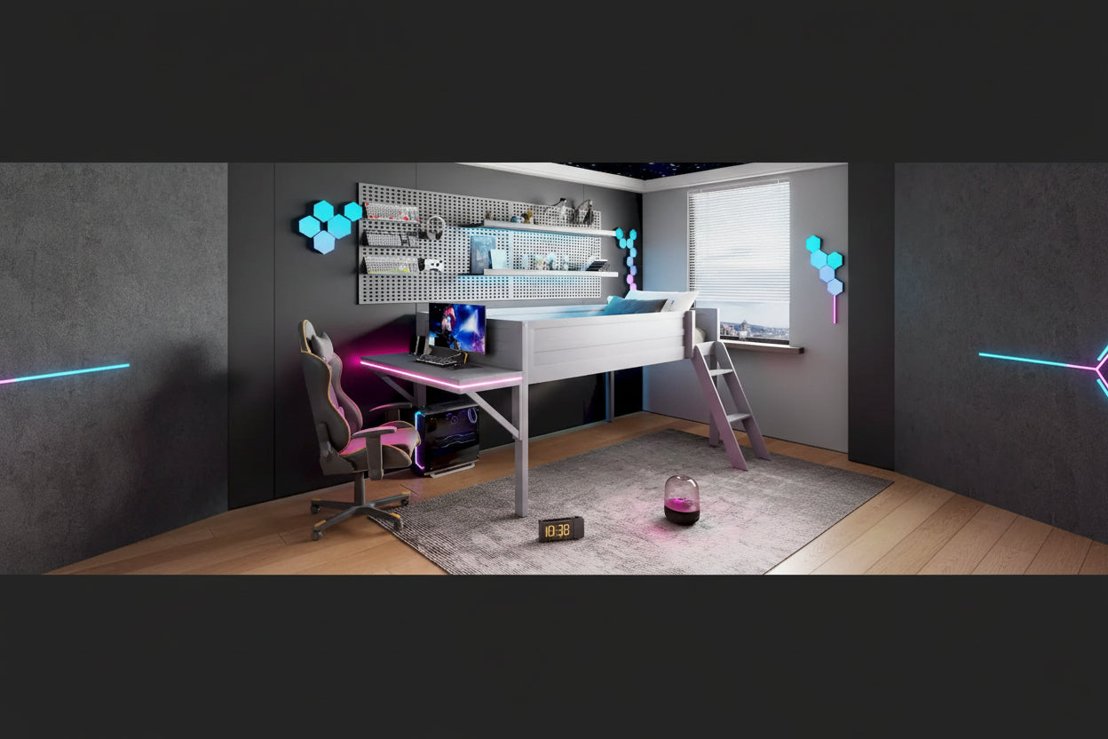 Twin Wood Gaming Loft Bed with LED Desk