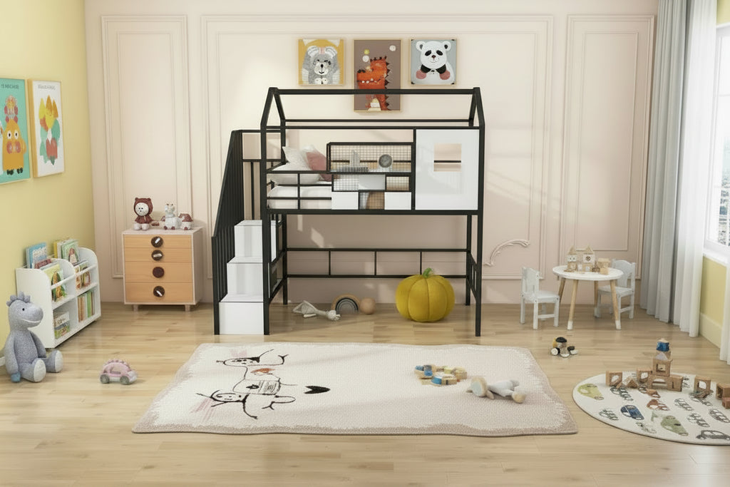 Cama alta de metal individual con diseño de techo, armazón de cama con escalera en forma de casa