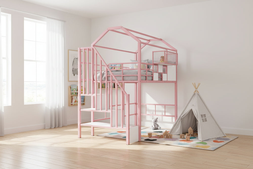 Twin Size Metal Loft Bed w/Roof Design, House Shaped Stairway Bedframe