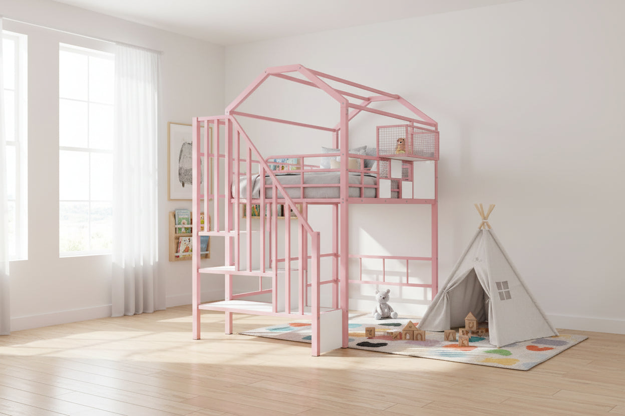 Twin Size Metal Loft Bed w/Roof Design, House Shaped Stairway Bedframe