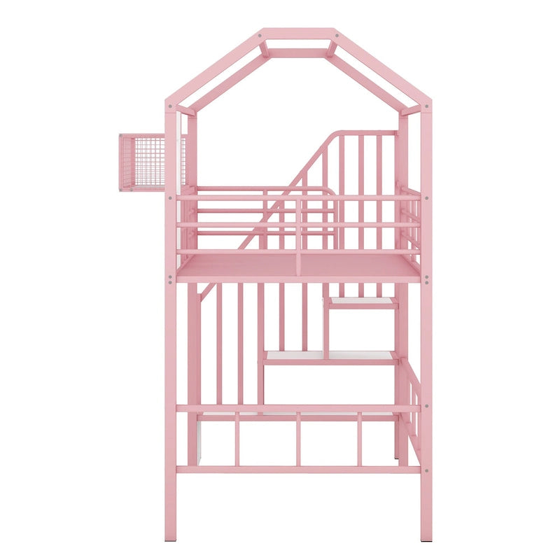 Cama alta de metal individual con diseño de techo, armazón de cama con escalera en forma de casa