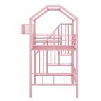 Cama alta de metal individual con diseño de techo, armazón de cama con escalera en forma de casa