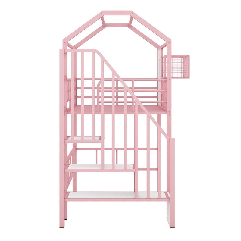 Cama alta de metal individual con diseño de techo, armazón de cama con escalera en forma de casa