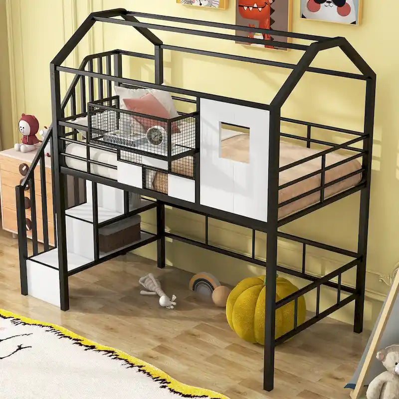 Cama alta de metal individual con diseño de techo, armazón de cama con escalera en forma de casa