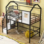 Cama alta de metal individual con diseño de techo, armazón de cama con escalera en forma de casa