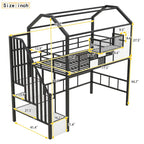 Cama alta de metal individual con diseño de techo, armazón de cama con escalera en forma de casa