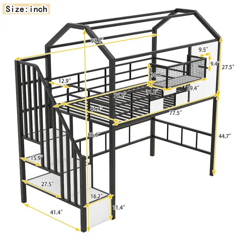 Cama alta de metal individual con diseño de techo, armazón de cama con escalera en forma de casa