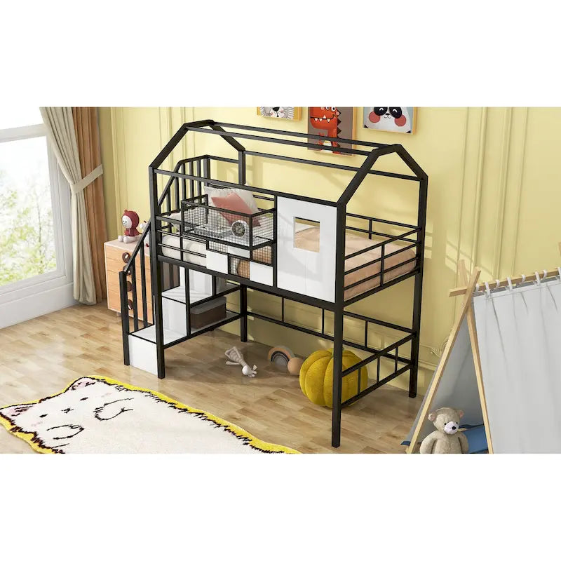 Cama alta de metal individual con diseño de techo, armazón de cama con escalera en forma de casa