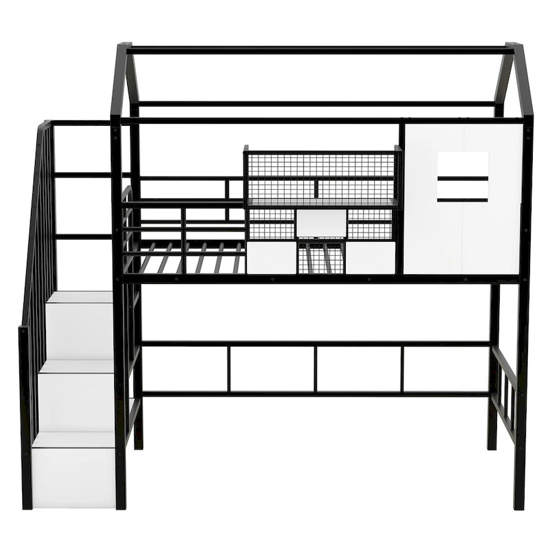 Cama alta de metal individual con diseño de techo, armazón de cama con escalera en forma de casa