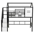 Cama alta de metal individual con diseño de techo, armazón de cama con escalera en forma de casa