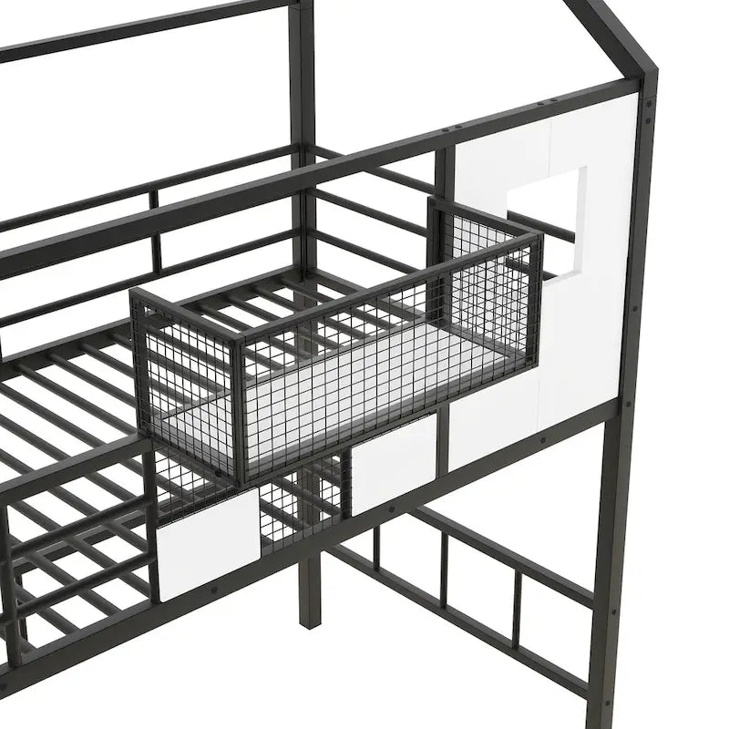 Cama alta de metal individual con diseño de techo, armazón de cama con escalera en forma de casa