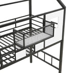 Cama alta de metal individual con diseño de techo, armazón de cama con escalera en forma de casa