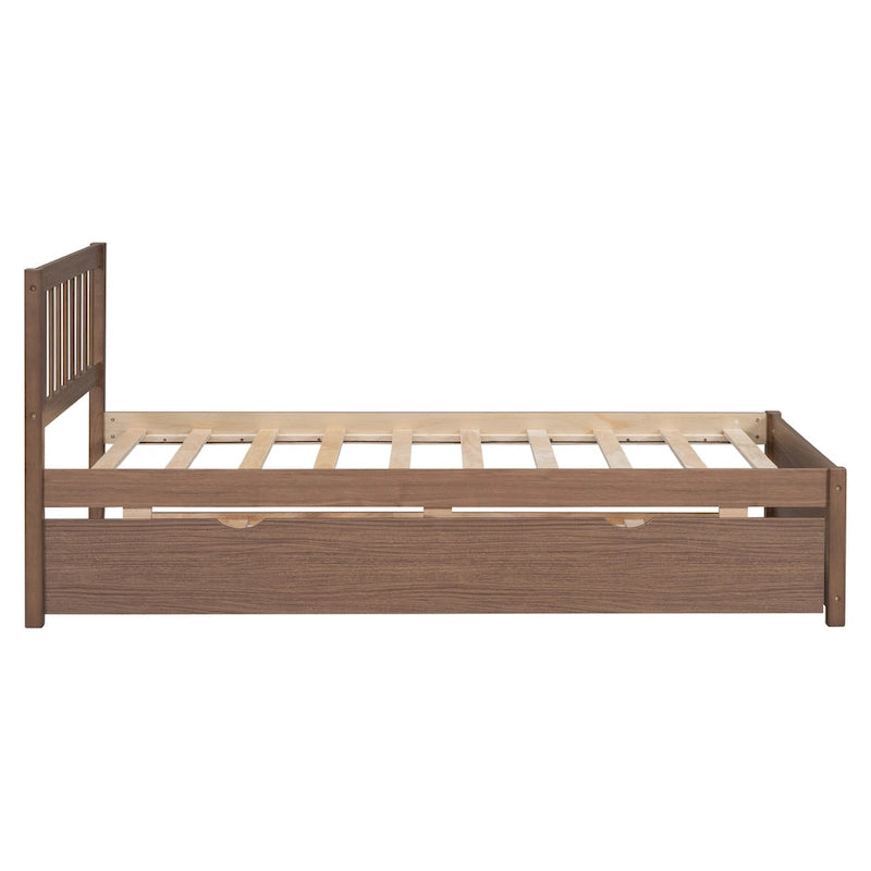 Cama nido con plataforma de madera con acabado en nogal, tamaño doble