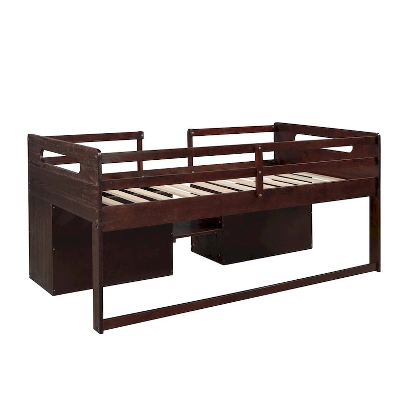 Cama alta individual con dos estantes y dos cajones