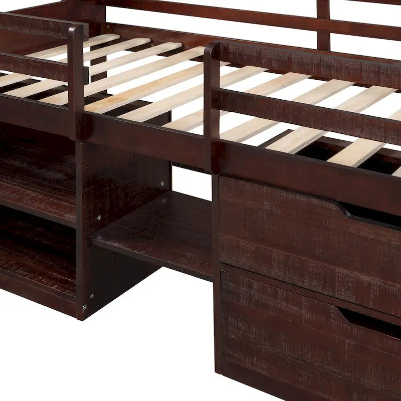 Cama alta individual con dos estantes y dos cajones