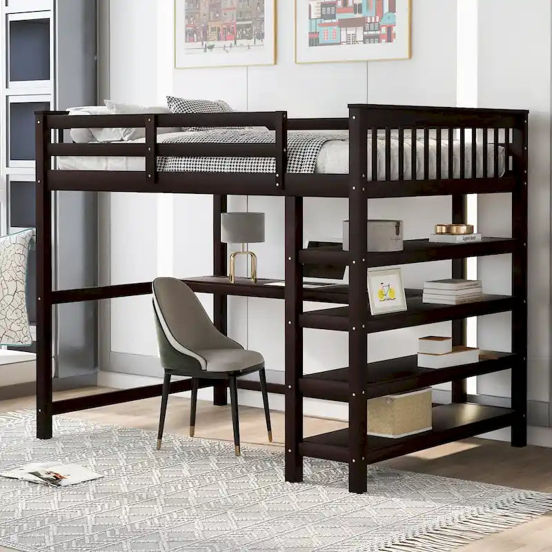 Cama alta de madera de tamaño completo con estantes y escritorio