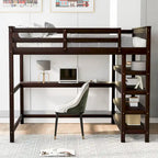 Cama alta de madera de tamaño completo con estantes y escritorio