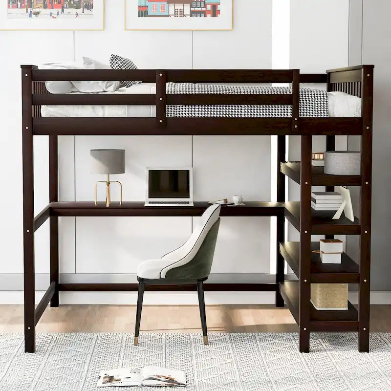Cama alta de madera de tamaño completo con estantes y escritorio