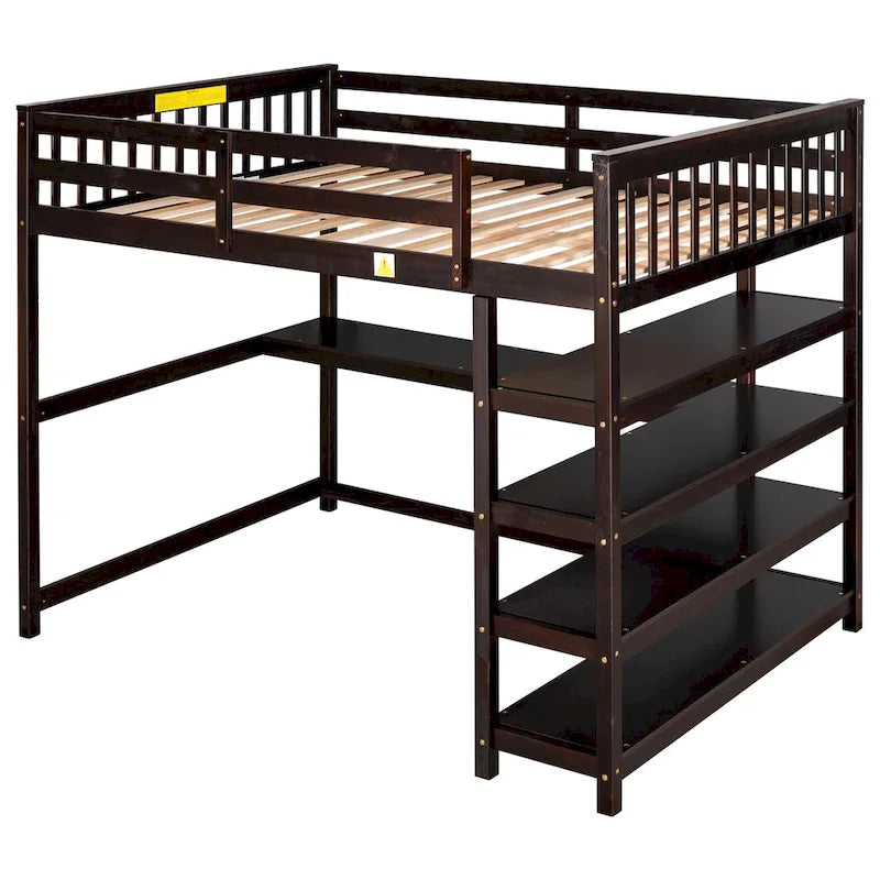 Cama alta de madera de tamaño completo con estantes y escritorio