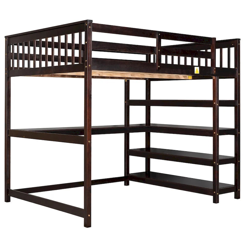 Cama alta de madera de tamaño completo con estantes y escritorio