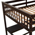 Cama alta de madera de tamaño completo con estantes y escritorio