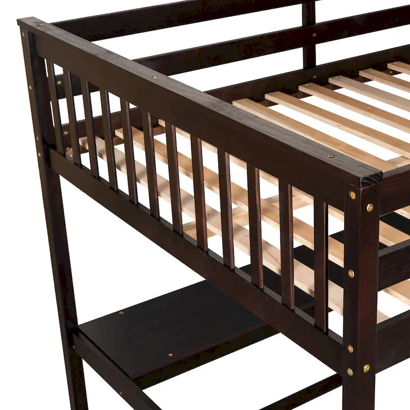 Cama alta de madera de tamaño completo con estantes y escritorio