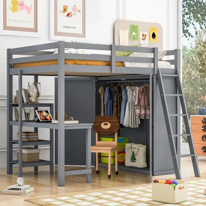 Cama alta de madera tamaño completo con armario, escritorio y estanterías