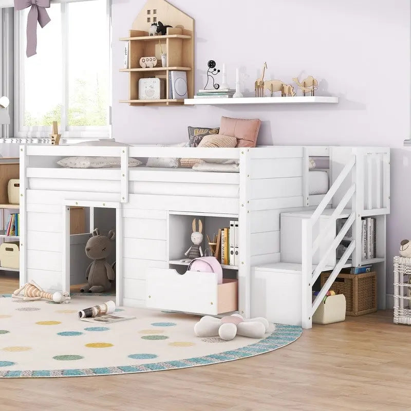 Solid Wood Twin Size Low Loft Bed With Stair, Drawer, and Shelf