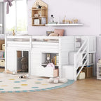Solid Wood Twin Size Low Loft Bed With Stair, Drawer, and Shelf