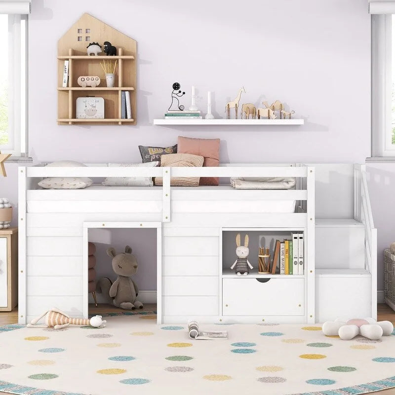 Cama baja tipo loft de tamaño twin de madera maciza con escalera, cajón y estante