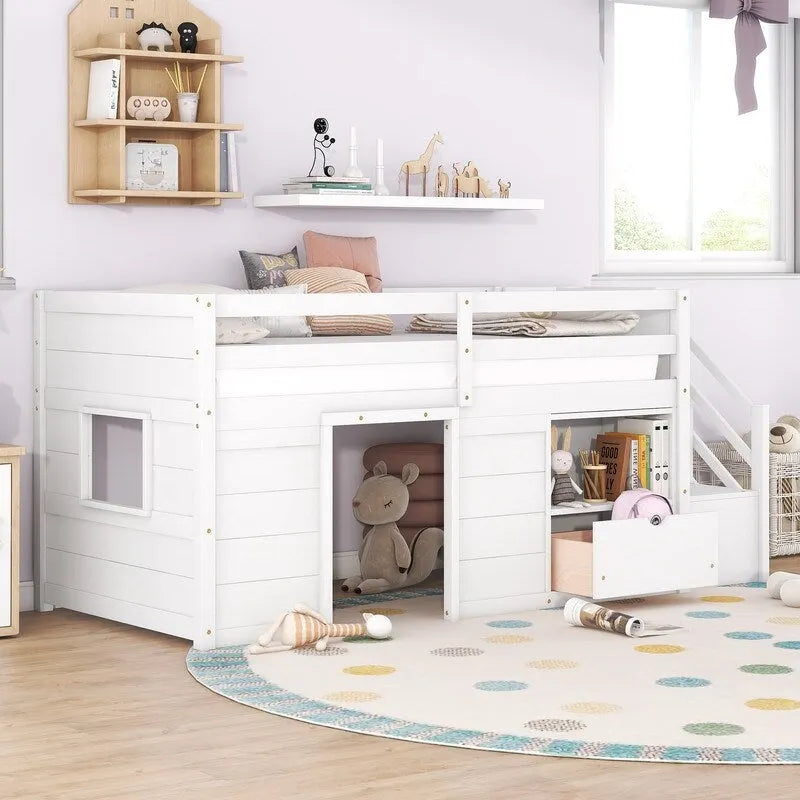 Cama baja tipo loft de tamaño twin de madera maciza con escalera, cajón y estante
