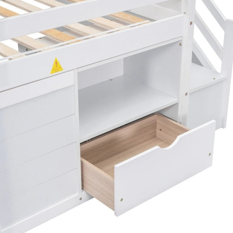 Cama baja tipo loft de tamaño twin de madera maciza con escalera, cajón y estante