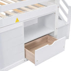 Cama baja tipo loft de tamaño twin de madera maciza con escalera, cajón y estante