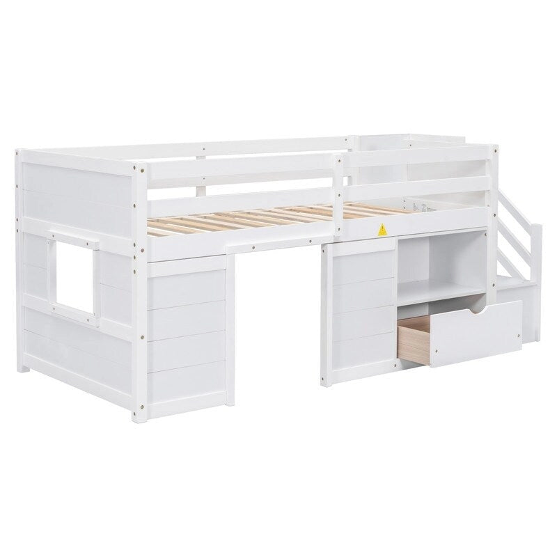 Cama baja tipo loft de tamaño twin de madera maciza con escalera, cajón y estante