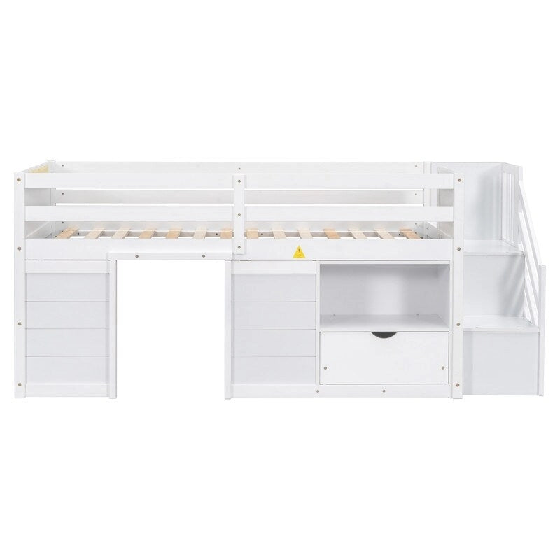Cama baja tipo loft de tamaño twin de madera maciza con escalera, cajón y estante