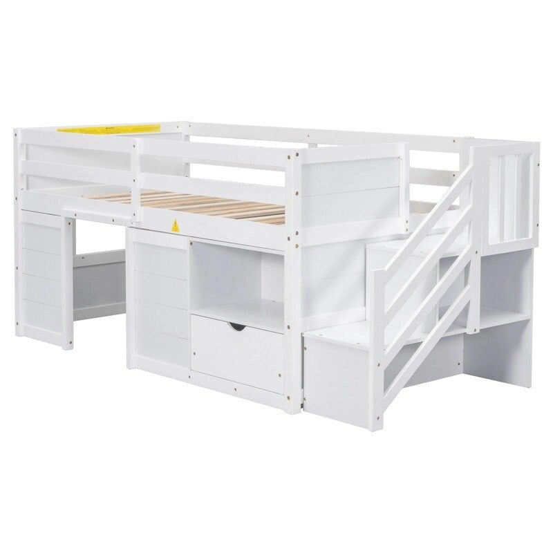 Cama baja tipo loft de tamaño twin de madera maciza con escalera, cajón y estante