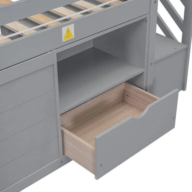 Cama baja tipo loft de tamaño twin de madera maciza con escalera, cajón y estante
