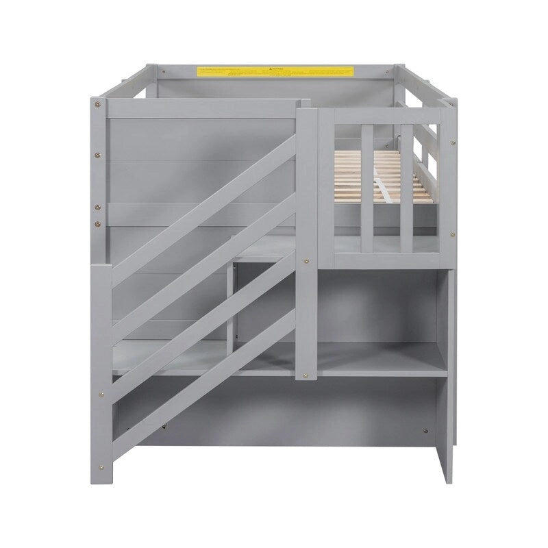Cama baja tipo loft de tamaño twin de madera maciza con escalera, cajón y estante