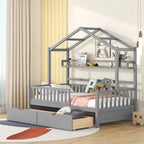 Cama individual de madera tipo casa con 2 cajones, cama infantil con estante de almacenamiento, blanco