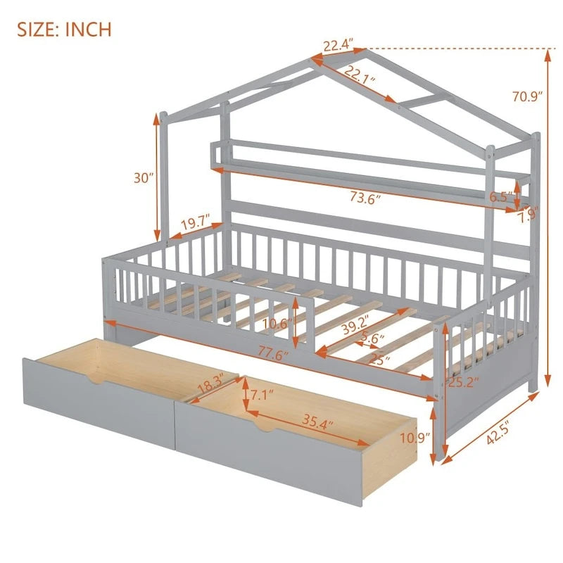 Cama individual de madera tipo casa con 2 cajones, cama infantil con estante de almacenamiento, blanco