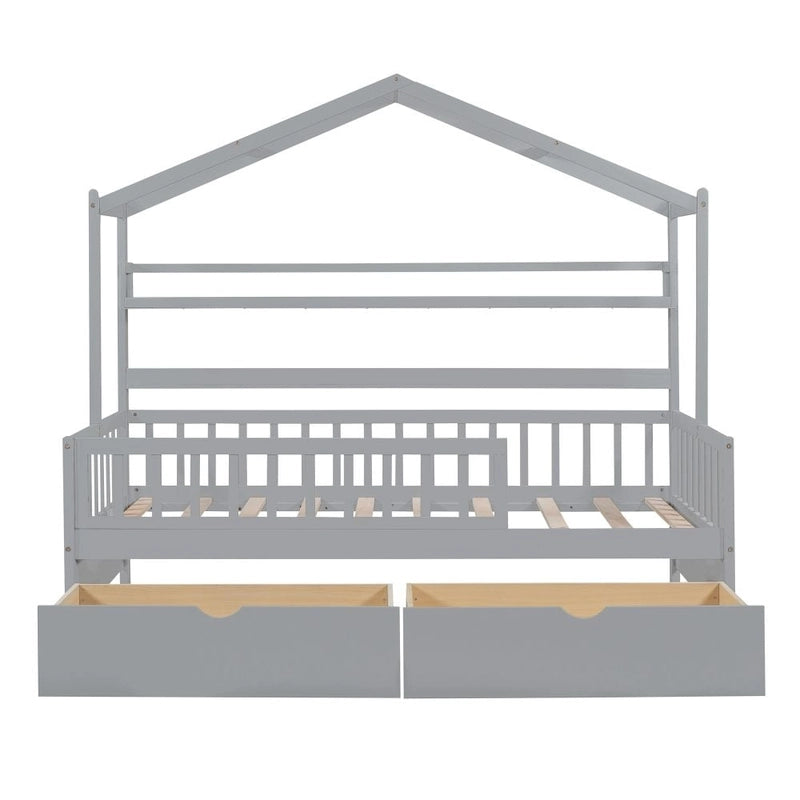 Cama individual de madera tipo casa con 2 cajones, cama infantil con estante de almacenamiento, blanco