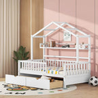 Cama individual de madera tipo casa con 2 cajones, cama infantil con estante de almacenamiento, blanco
