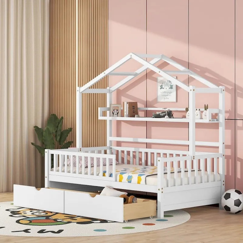 Cama individual de madera tipo casa con 2 cajones, cama infantil con estante de almacenamiento, blanco