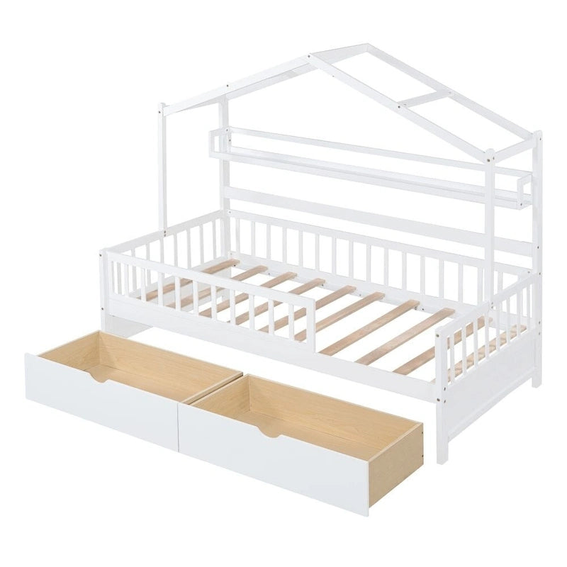Cama individual de madera tipo casa con 2 cajones, cama infantil con estante de almacenamiento, blanco