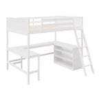 Cama alta de tamaño completo con estantes y escritorio, Cama alta de madera con escritorio - Blanca