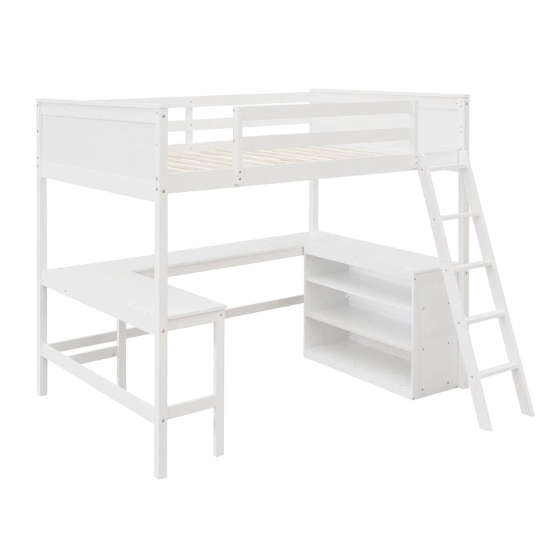 Cama alta de tamaño completo con estantes y escritorio, Cama alta de madera con escritorio - Blanca