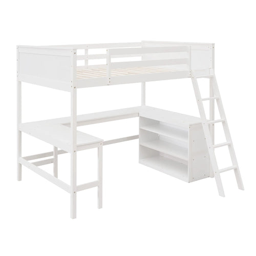 Cama alta de tamaño completo con estantes y escritorio, Cama alta de madera con escritorio - Blanca